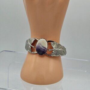 Silver-tone Hinged Purple Agate Stone Leaf Foliage Cuff Bracelet Vintage